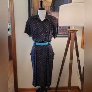 Vintage Polka Dot Button-Up Midi Dress And Matching Belt
